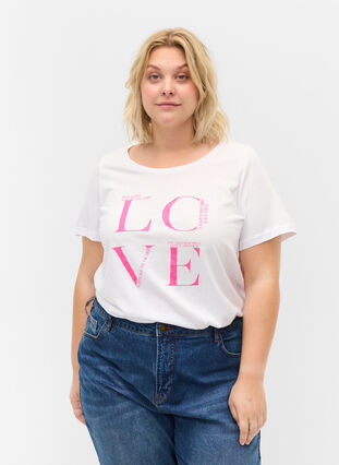 T-shirt en coton à manches courtes avec imprimé, Bright White LOVE, Model image number 0