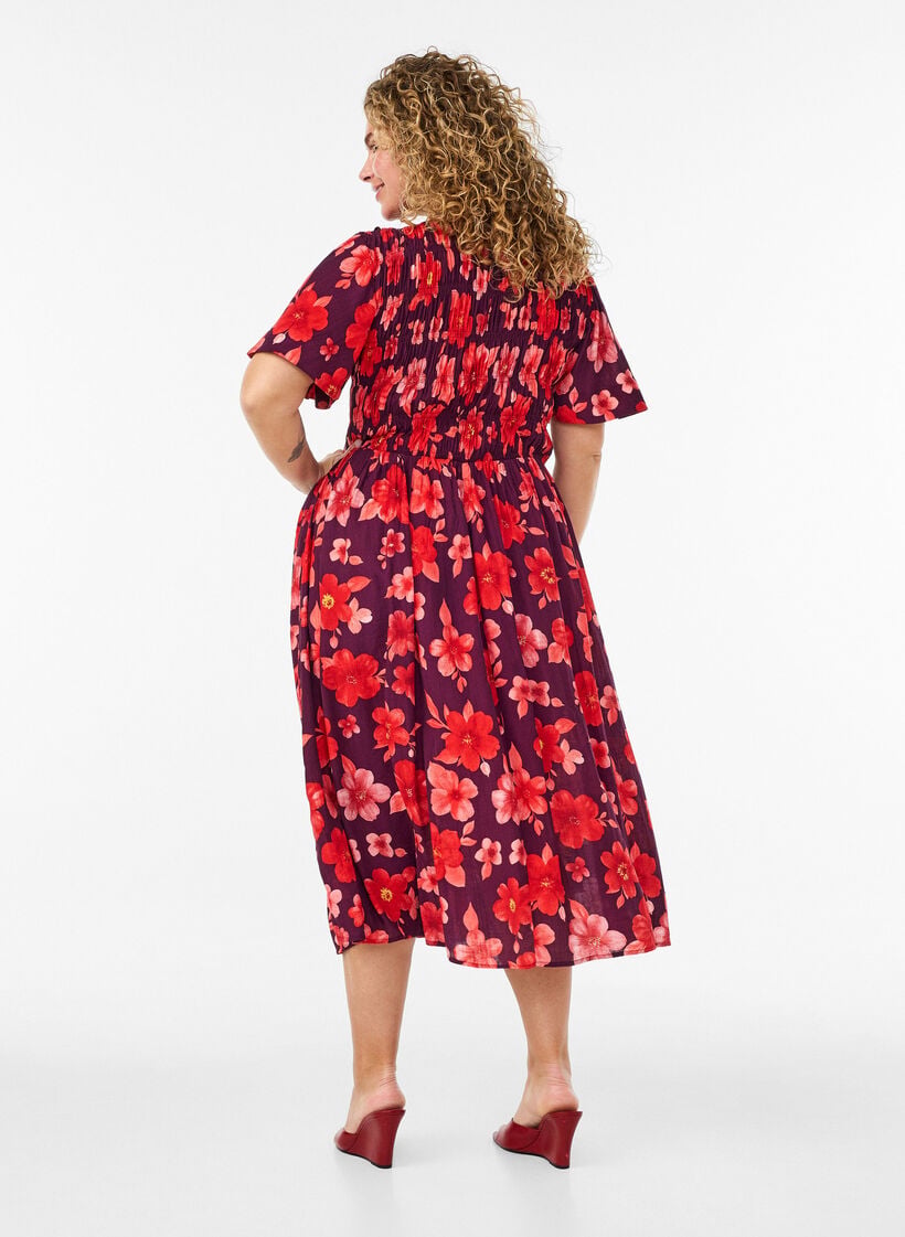 Jurk met smokwerk en bloemenprint, Paars, Model
