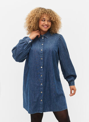 Robe chemise en jean et coton, Dark blue denim, Model image number 0