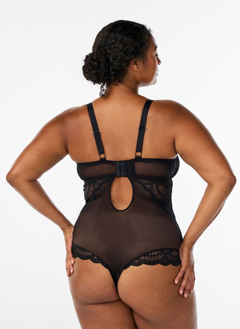 Kantbody met vetersluitingdetails, Zwart, Model image number 1