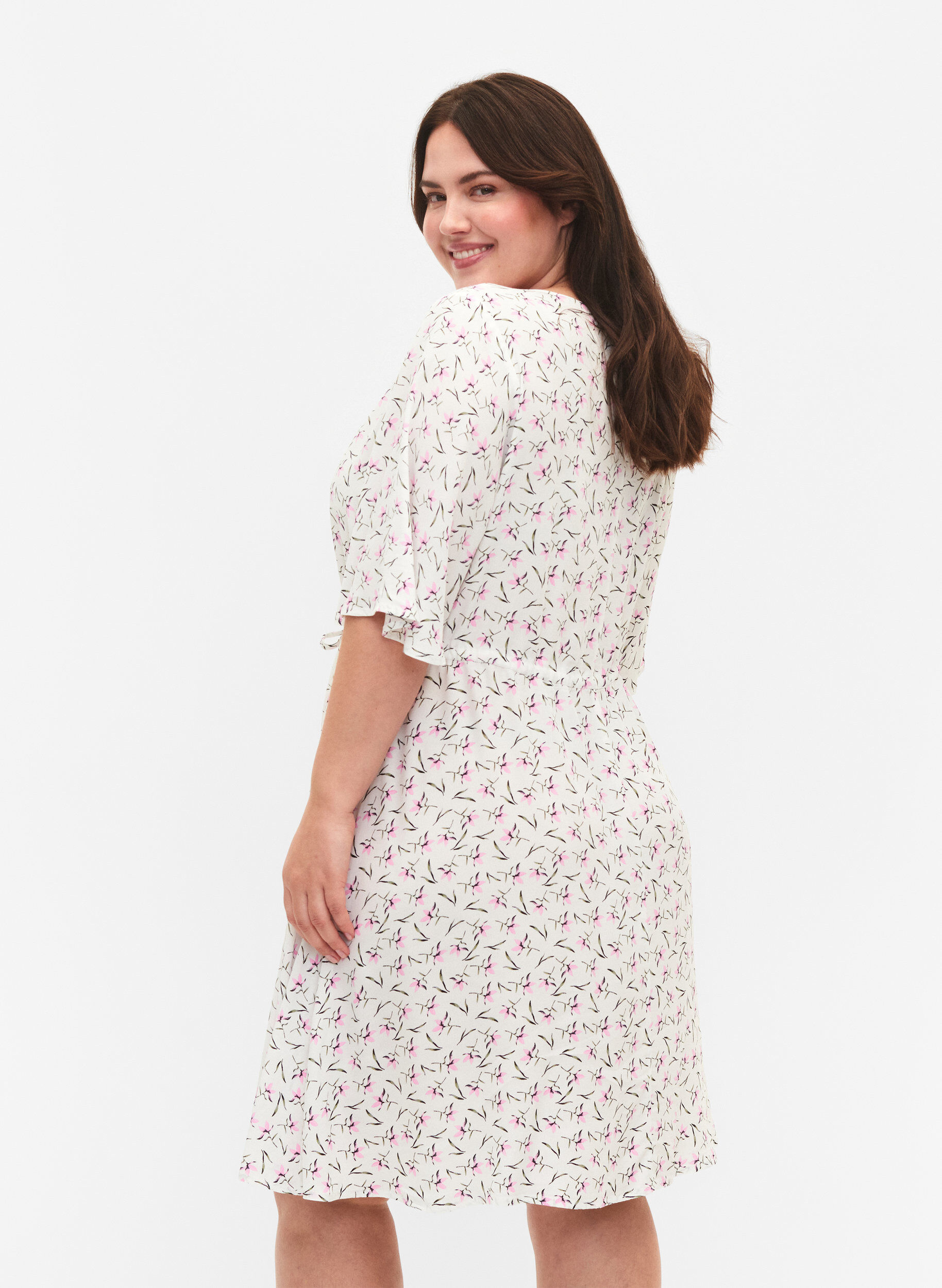 ZizziJurk met 1/2 mouw met bloemenprint in viscose, White Purple Flower, Model image number 1