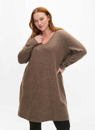 Robe en tricot avec fente, Walnut/White, Model image number 0