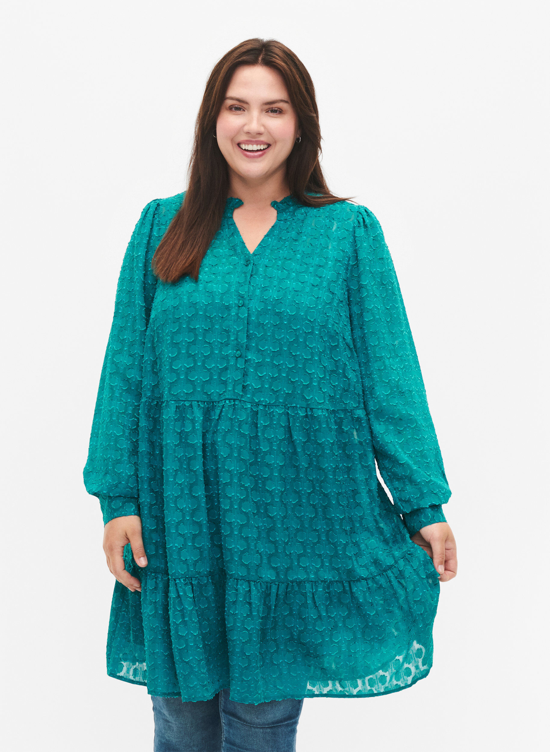 ZizziJacquard jurk met ruche kraag, Deep Lake, Model image number 0