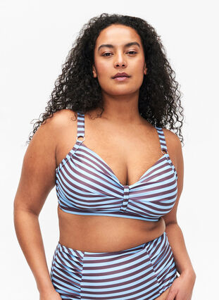 Soutien-gorge de bikini imprimé à armatures, BlueBrown Stripe AOP, Model image number 0
