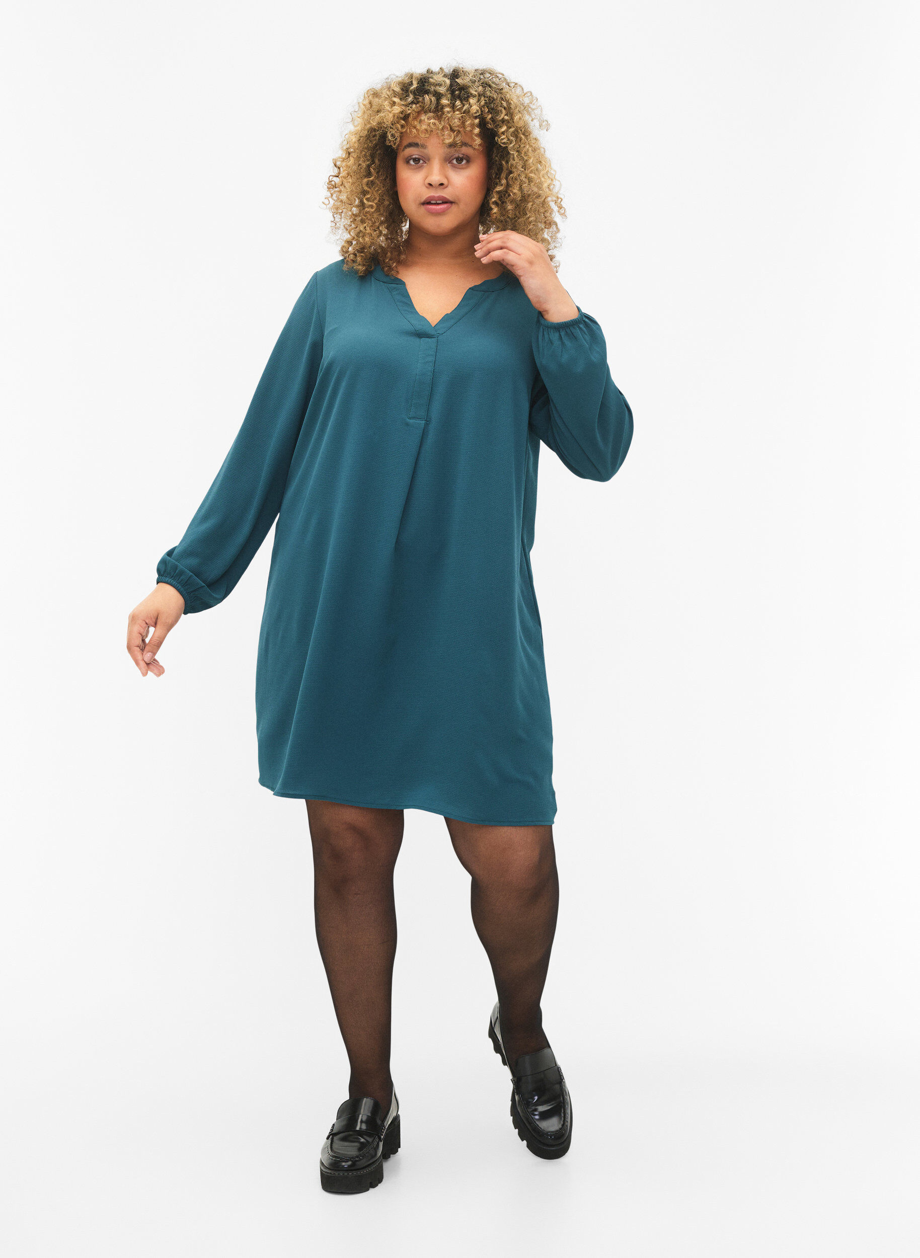 Zizzi Robe &agrave; manches longues et encolure en V., Deep Teal, Model image number 2
