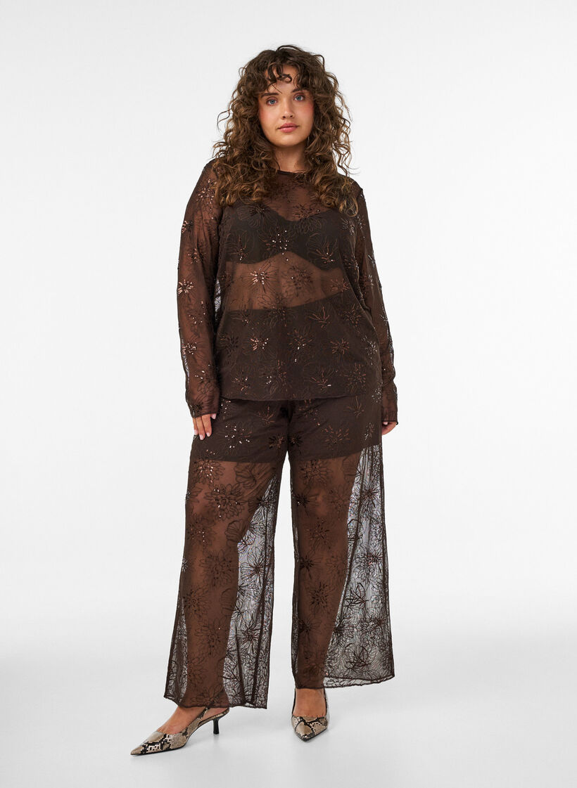 Pantalon en maille avec broderies florales et sequins, Marron, Model image number 0