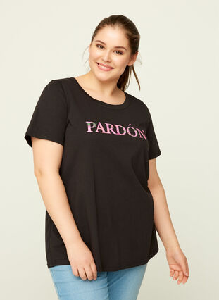T-shirt coton avec joli imprimé , Black, Model image number 0