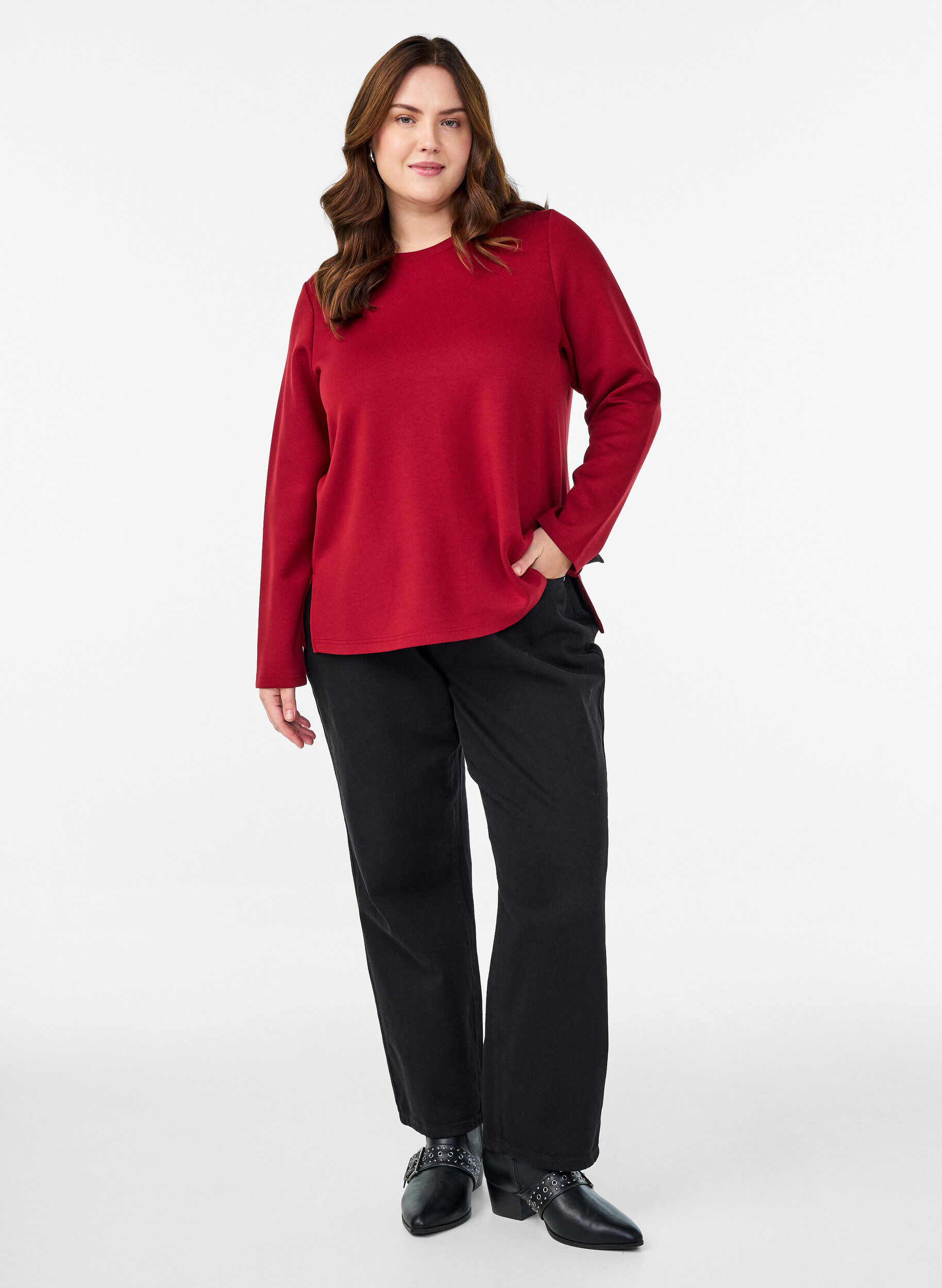 Zizzi Blouse en jersey avec col rond, Bordeaux, Model image number 1