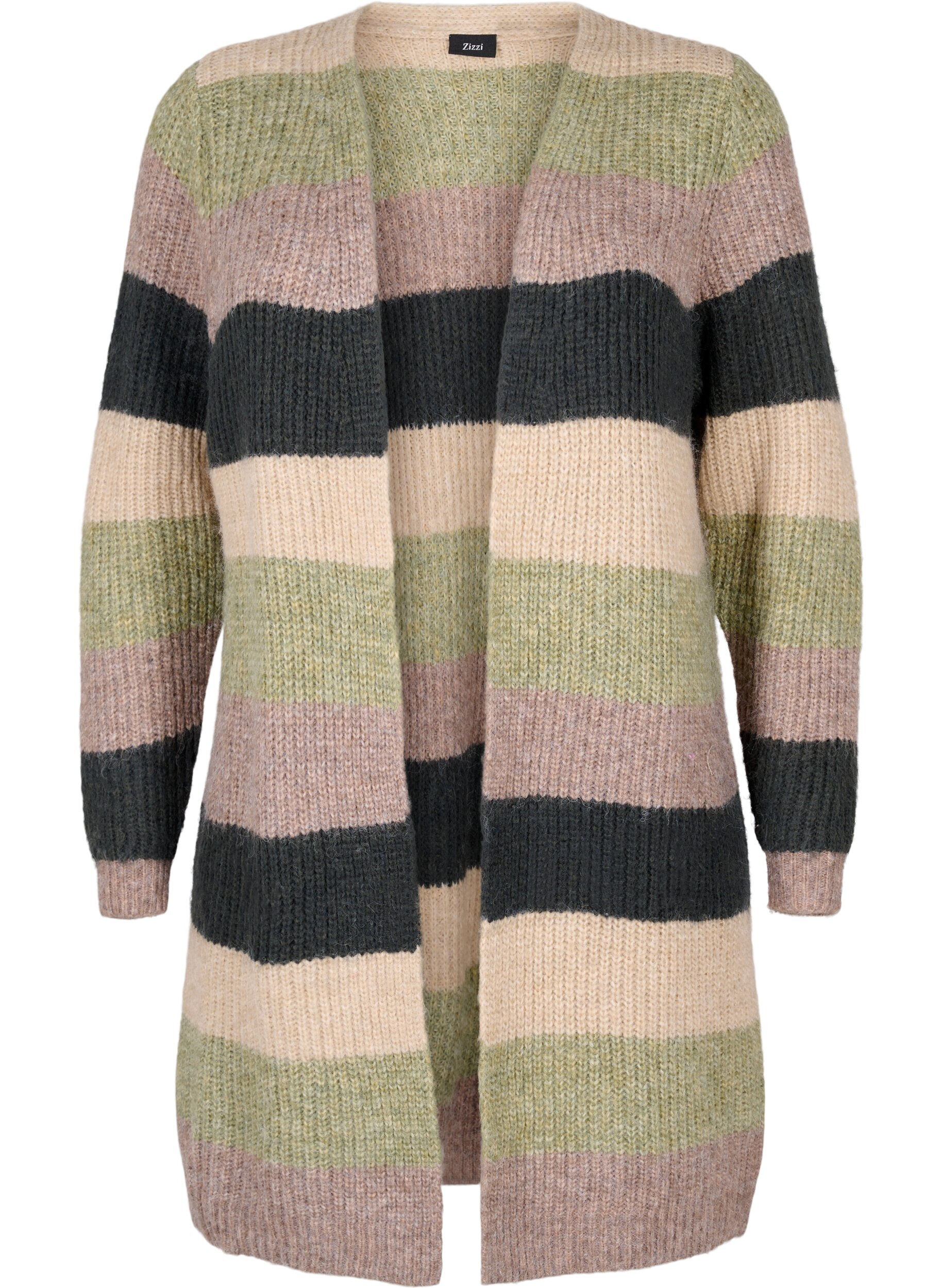 Zizzi Cardigan long en tricot c&ocirc;tel&eacute; &agrave; rayures, Forest Night Comb, Packshot image number 0
