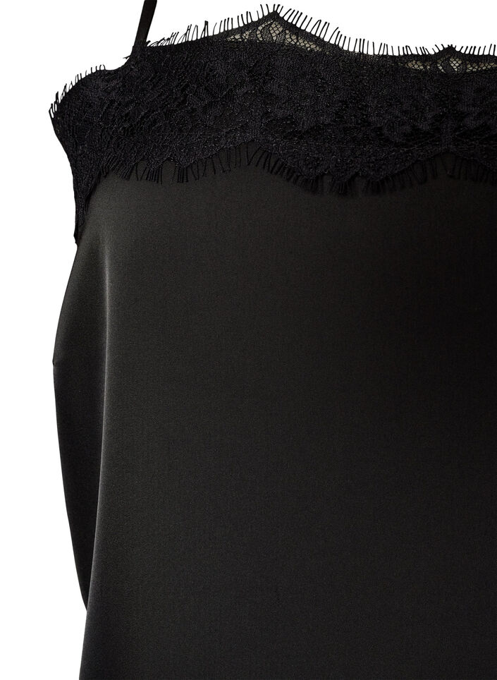 Haut long en satin bord&eacute; de dentelle, Noir, Packshot image number 2