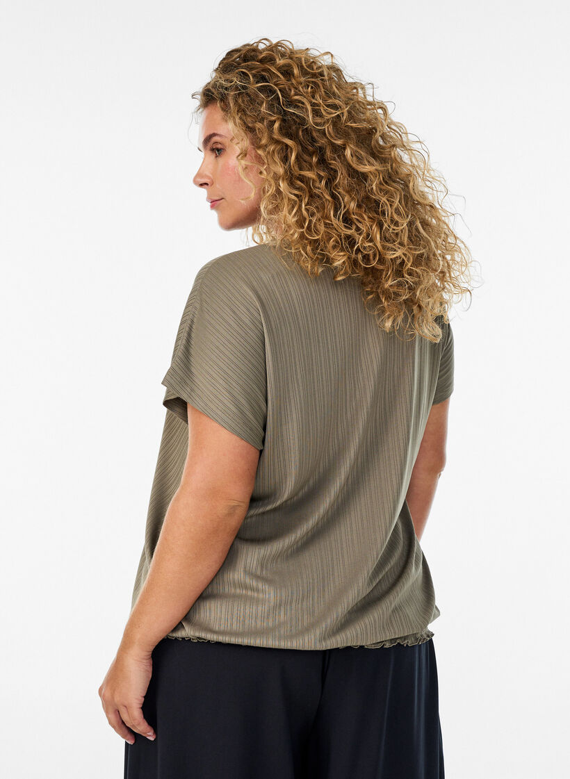 Blouse en jersey avec rayures textur&eacute;es et ourlet smock&eacute;, Marron, Model image number 2