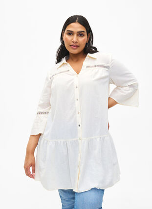 Tunique en coton biologique avec des détails féminins, Antique White, Model image number 0