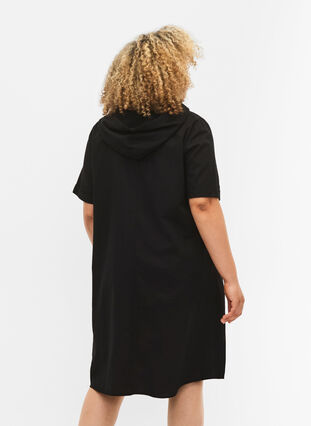 Robe à capuche en coton mélangé et lin, Black, Model image number 1
