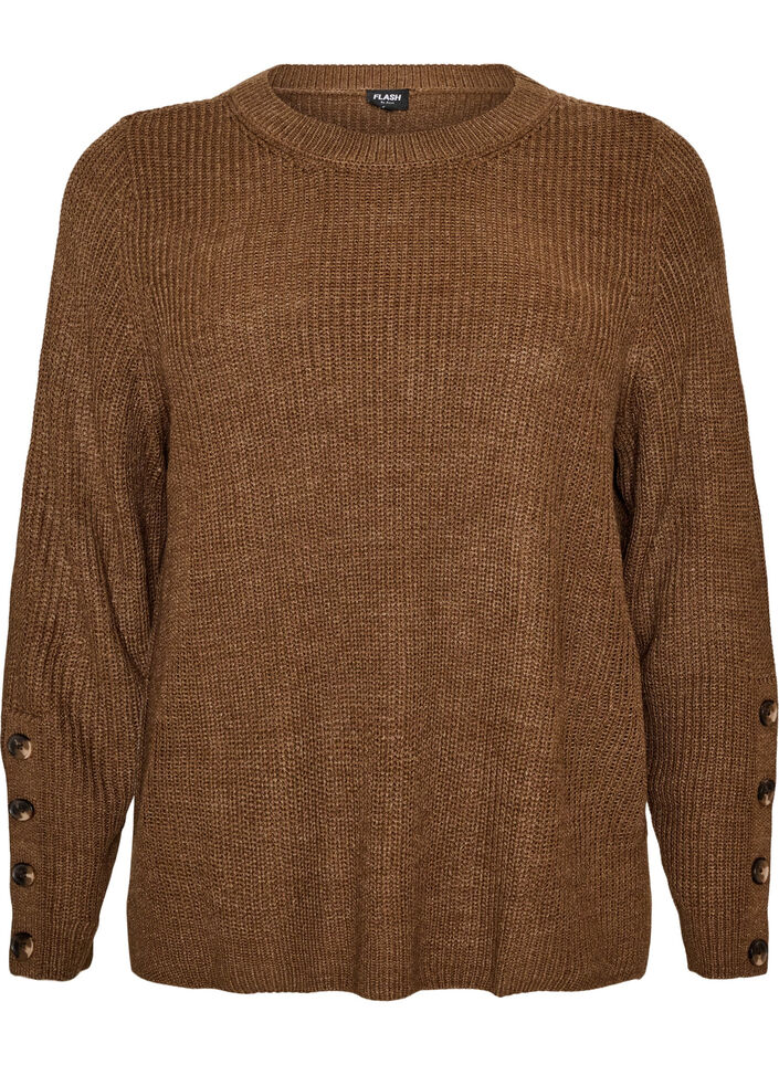 Blouse en maille c&ocirc;tel&eacute;e avec d&eacute;tails de boutons, Marron, Packshot image number 0