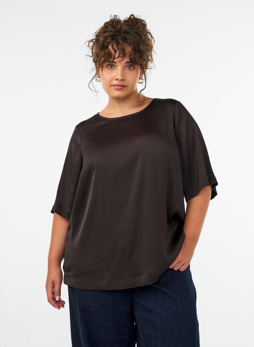 Blouse en satin &agrave; manches au coude, Marron, Model image number 0