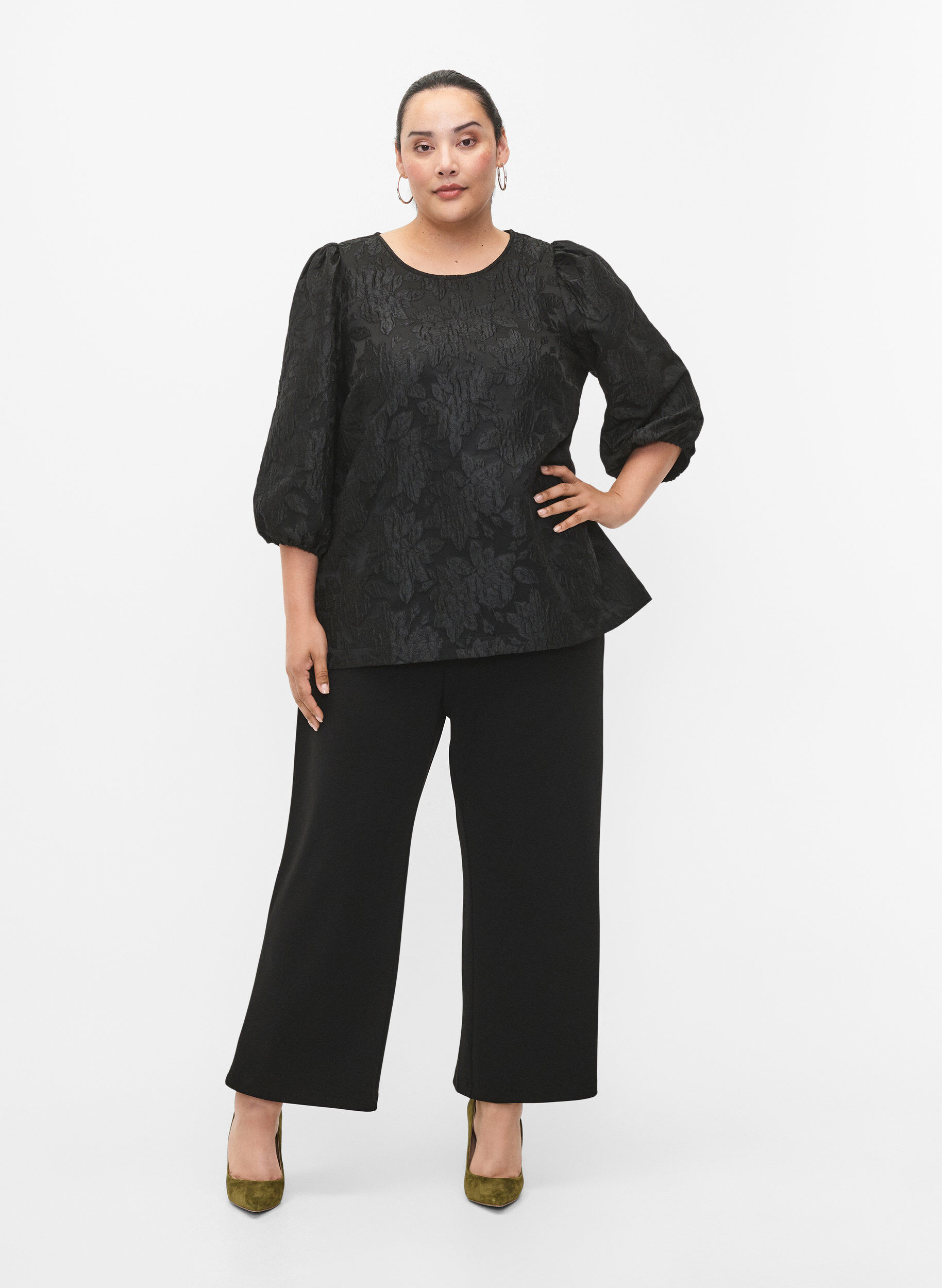 ZizziJacquard blouse met 3/4 mouwen, Black, Model image number 2