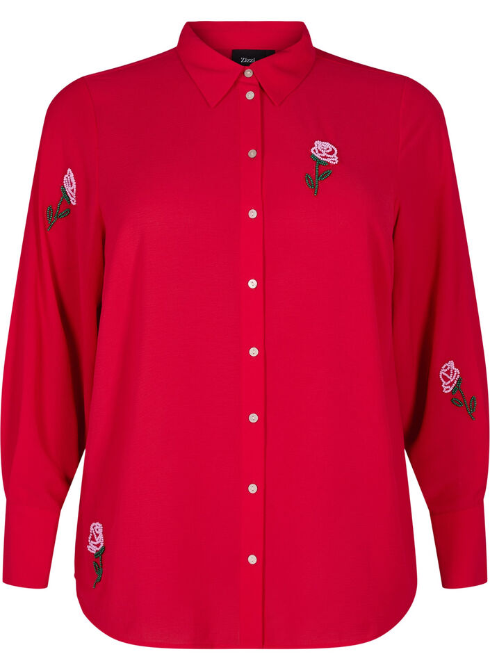 Effen gekleurd shirt met parels, Rood, Packshot image number 0