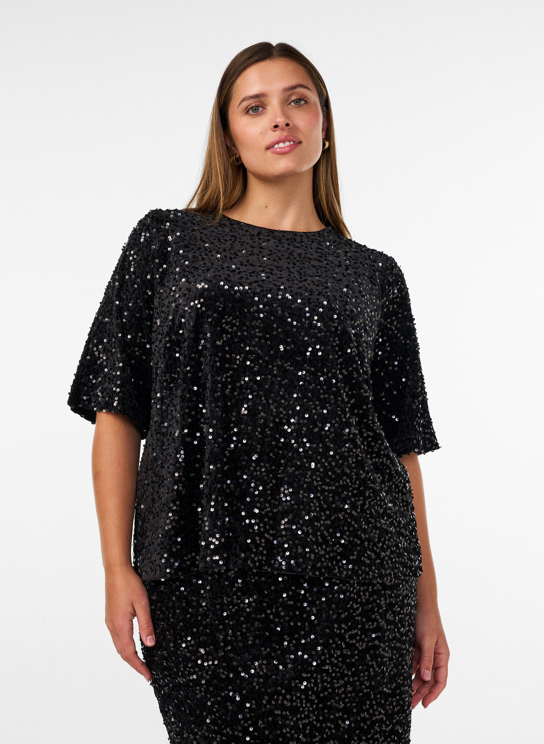 ZizziBlouse en sequins avec manches au coude, Noir, Model image number 0
