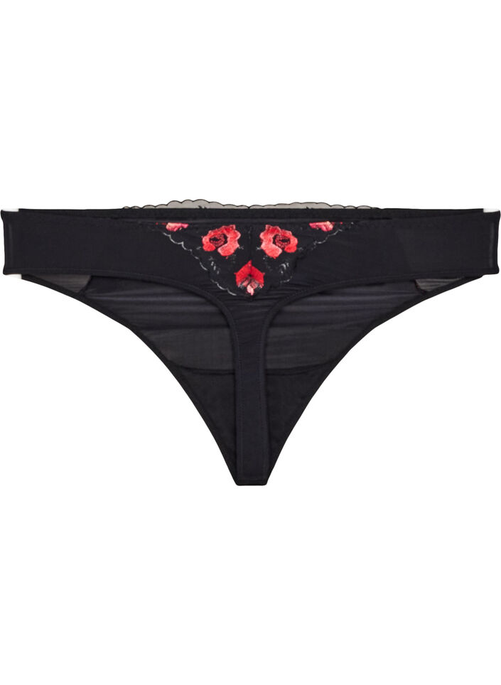 Microvezel string met geborduurde bloemen, Zwart, Packshot image number 1