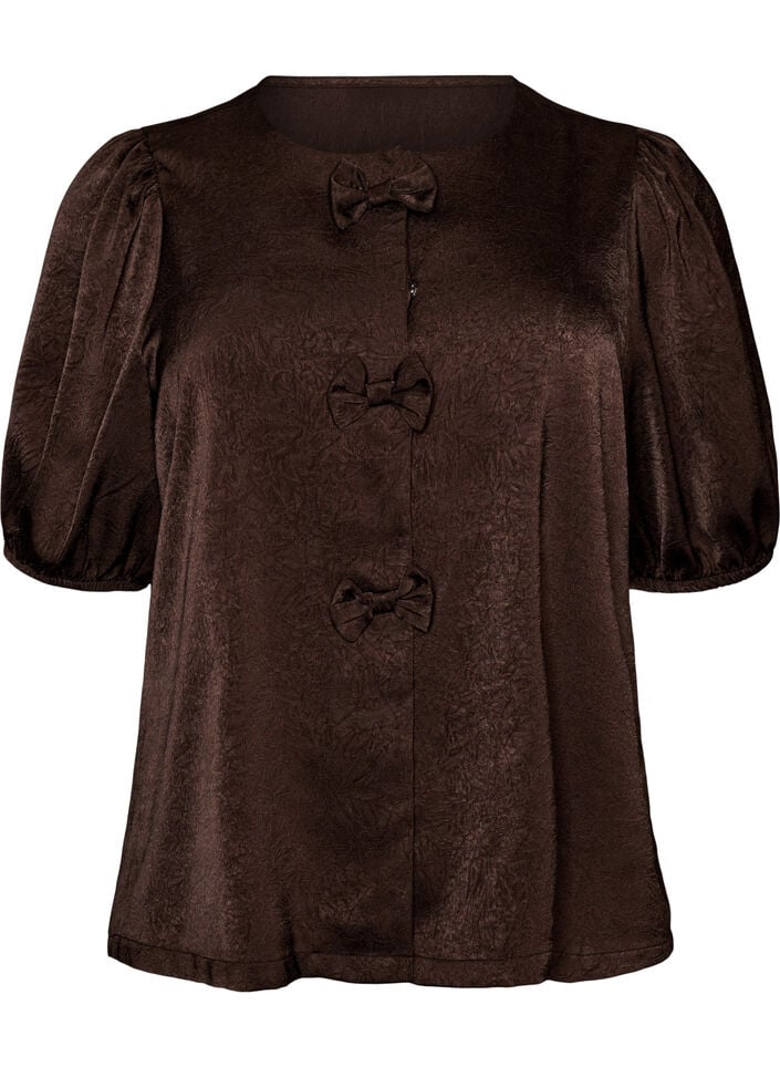 Blouse en satin avec n&oelig;uds et manches au coude, Marron, Packshot image number 0