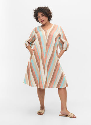 Gestreepte kastoenen jurk met a-lijn, Multi Stripe, Model image number 2
