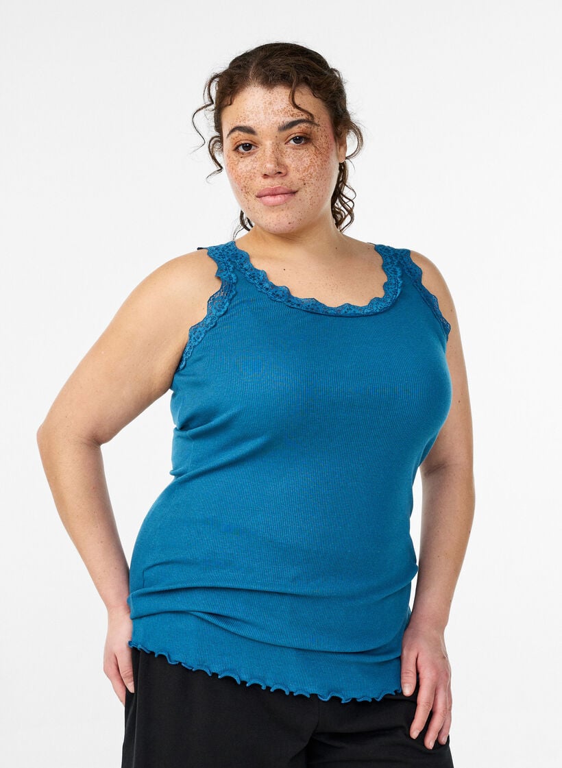 Haut avec bordure en dentelle, Bleu p&eacute;trole, Model image number 0
