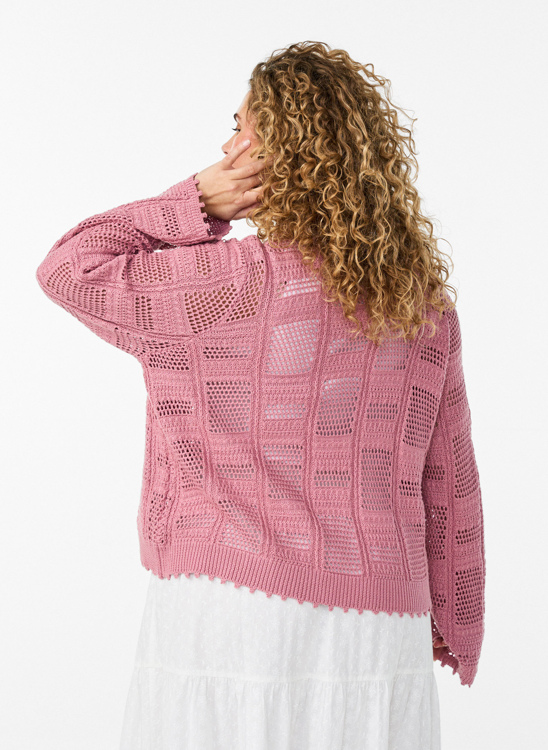 Zizzi Cardigan en maille avec liens et motifs ajour&eacute;s, Rose, Model image number 2