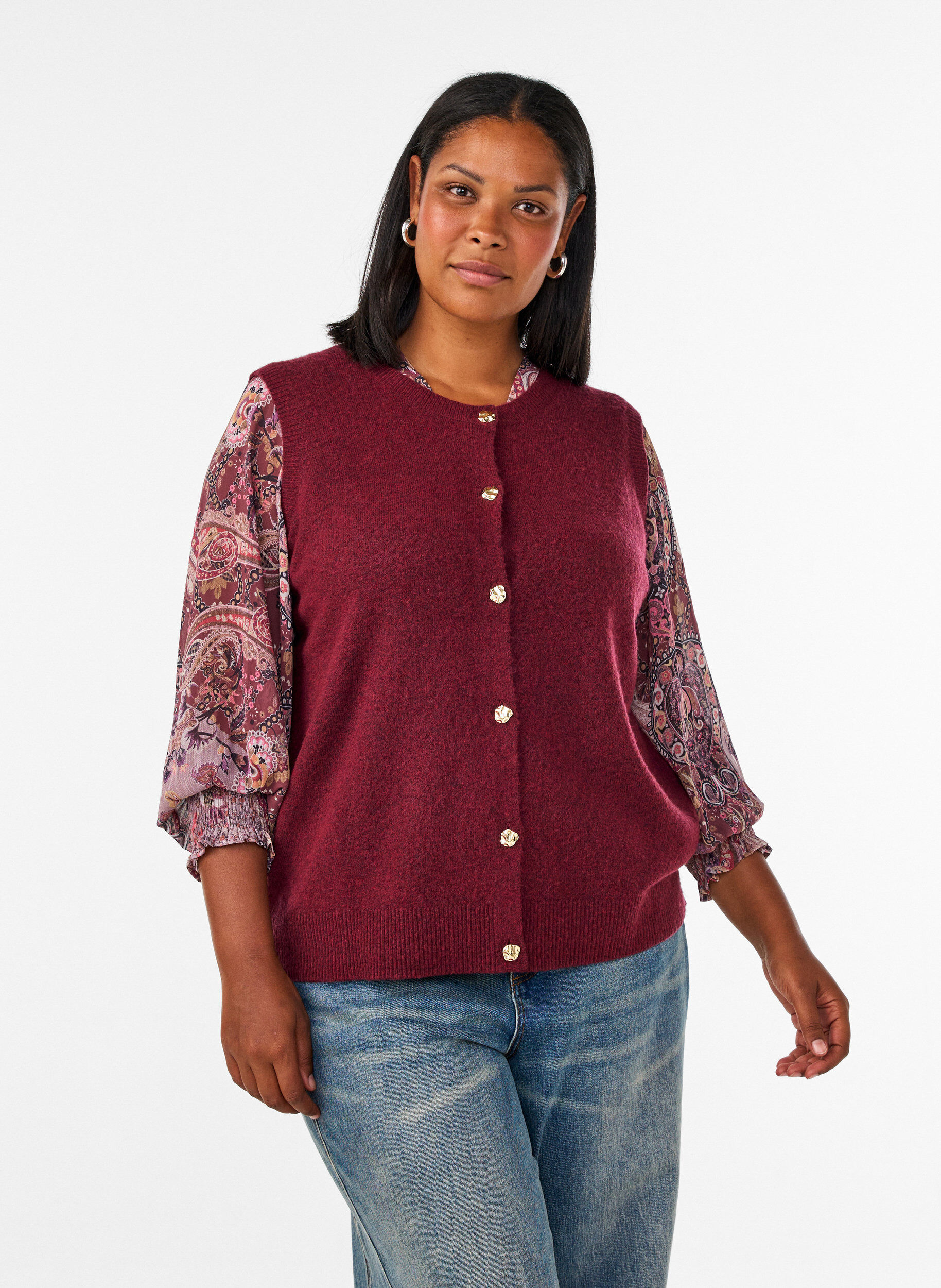 ZizziGebreide vest met decoratieve knopen, Donker Bordeaux, Model image number 0