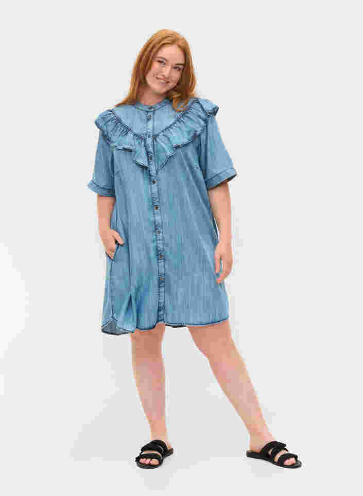 Denim jurk met ruches en korte mouwen, Blue denim, Model image number 2