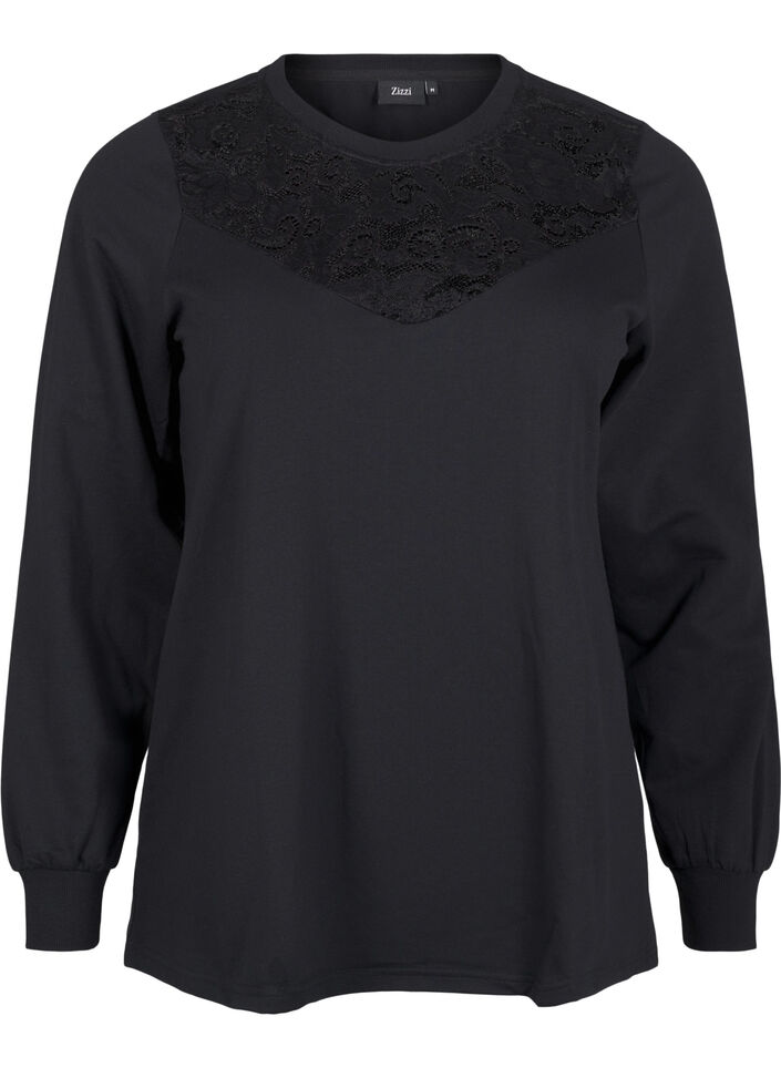 Sweatshirt met kanten details, Black, Packshot image number 0