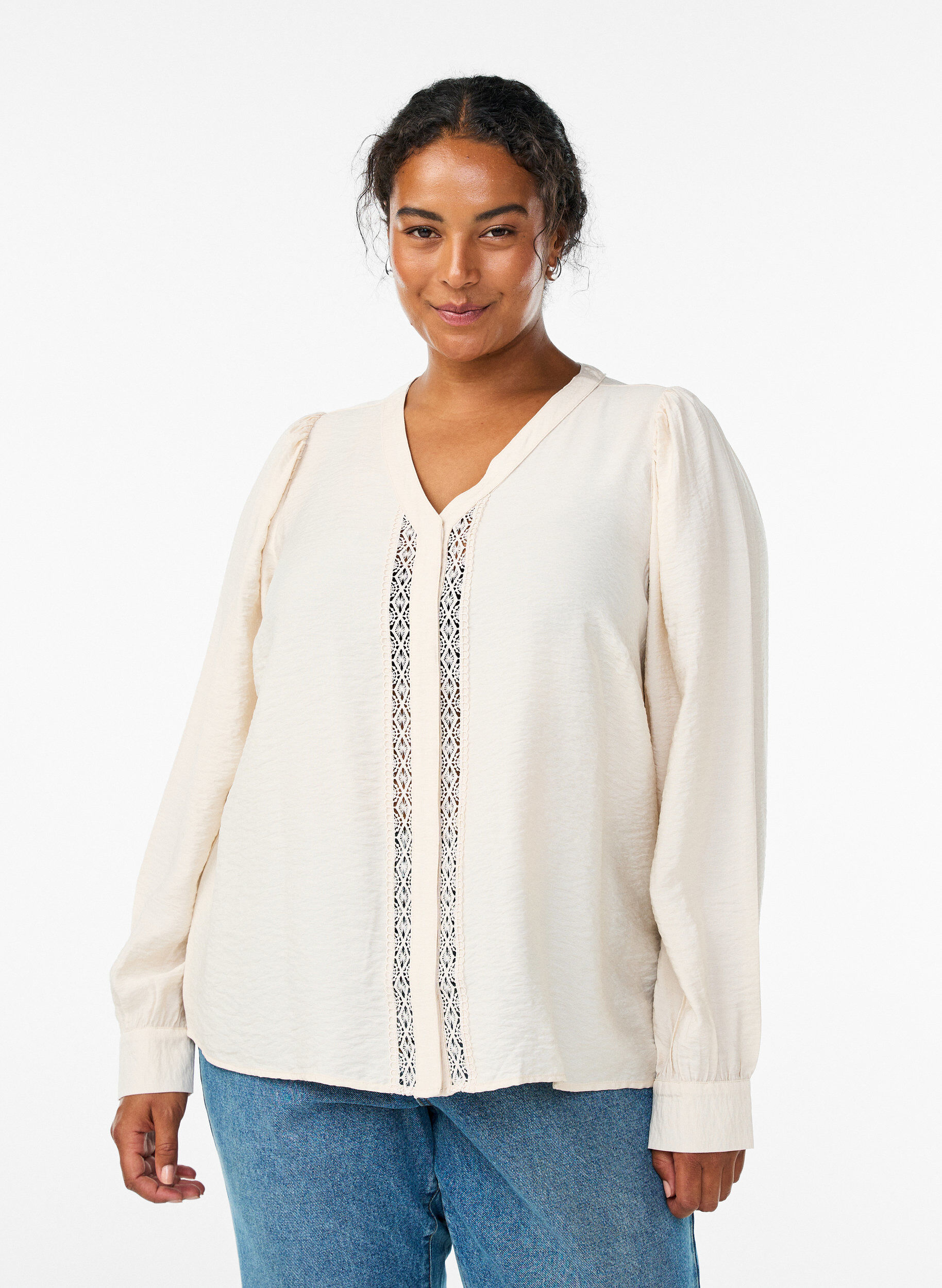 Blouse met V-hals en geborduurde banden, Beige, Model