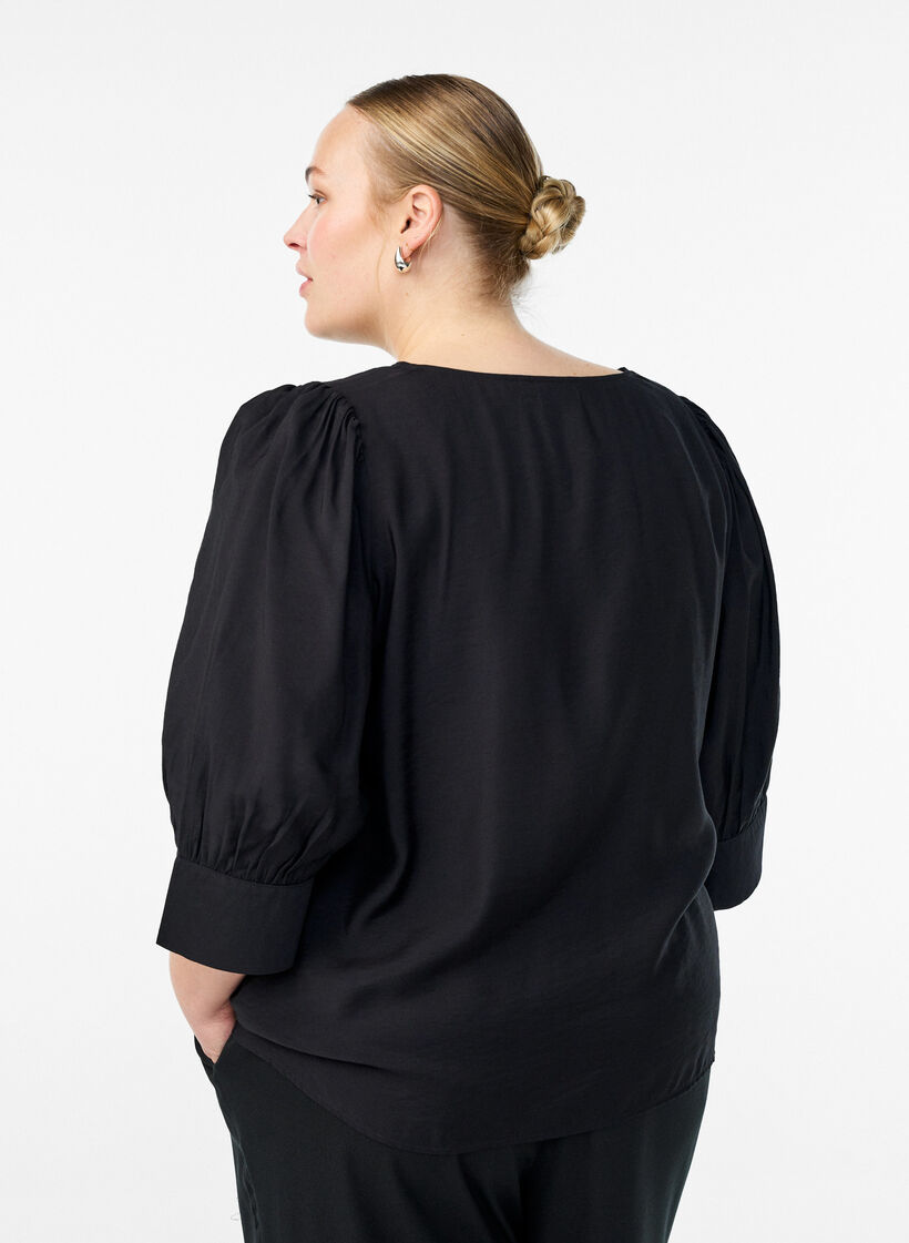 Blouse avec col en V et manches 3/4, Noir, Model image number 2