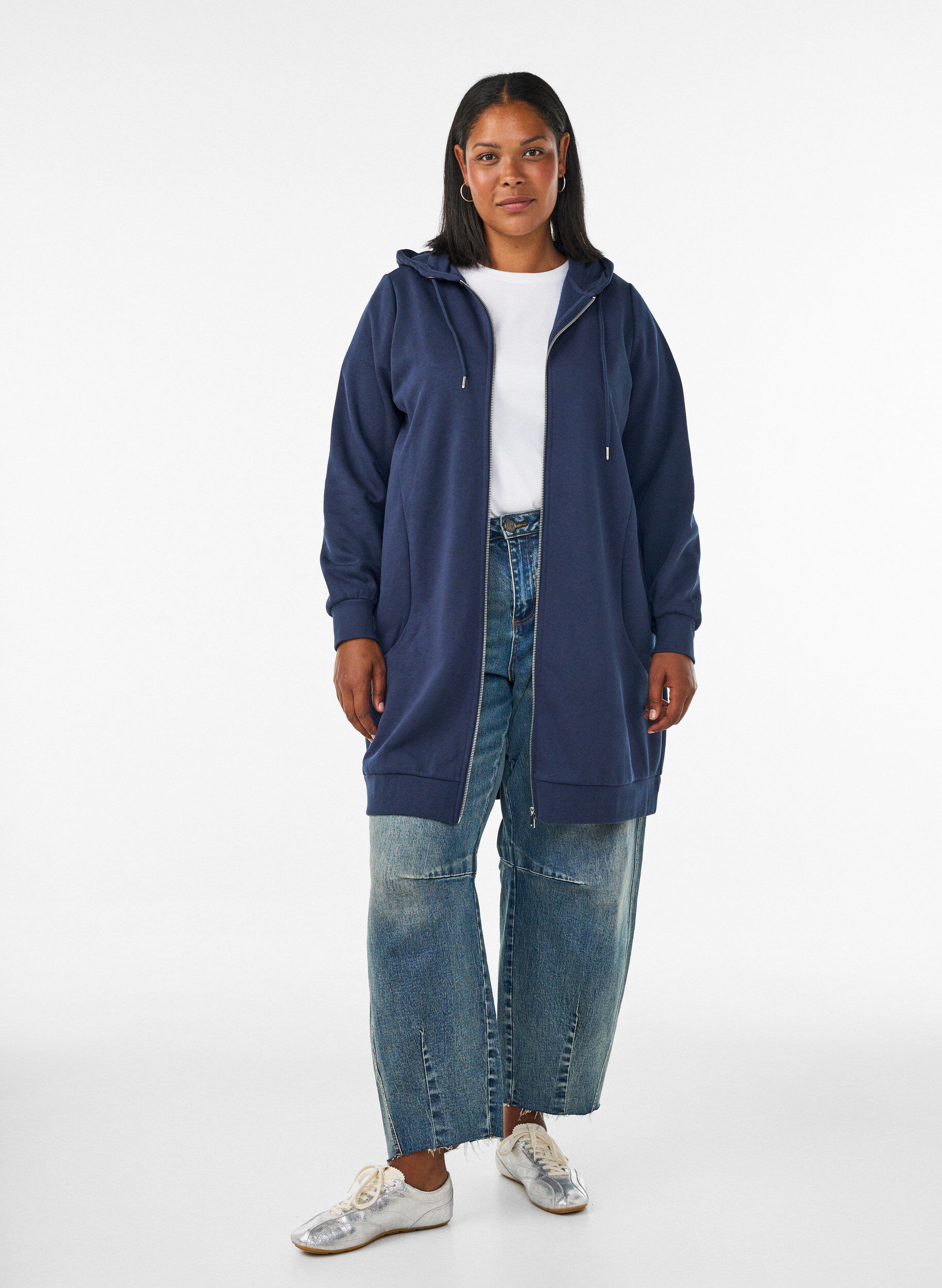 ZizziSweat &agrave; capuche long avec zip et poches, Bleu, Model image number 1