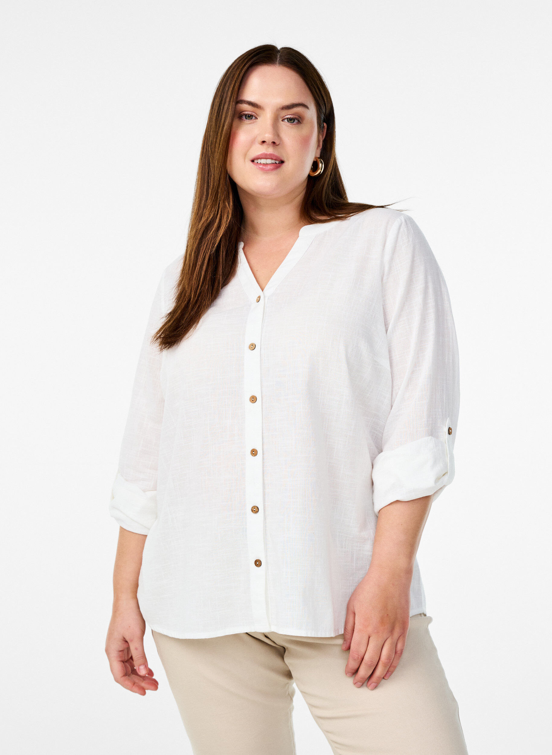 Katoenen blouse met een V-hals, Wit, Model