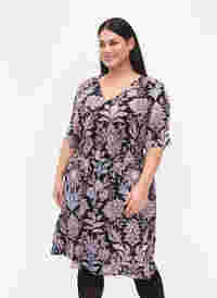 Viscose jurk met print en smok , Black Graphic Flower, Model