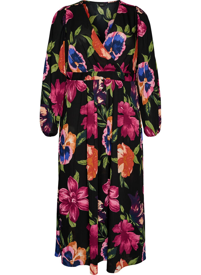Robe maxi avec encolure cache-c&oelig;ur et manches longues, Noir, Packshot image number 0