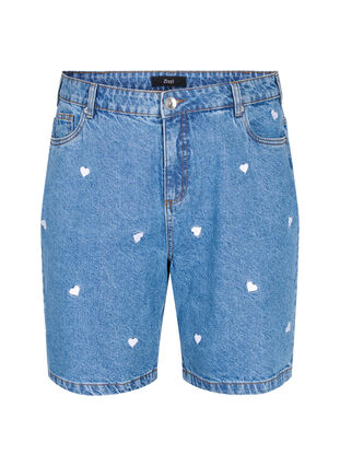 Shorts en jean taille haute ornés de cœurs brodés, Light Blue Heart, Packshot image number 0