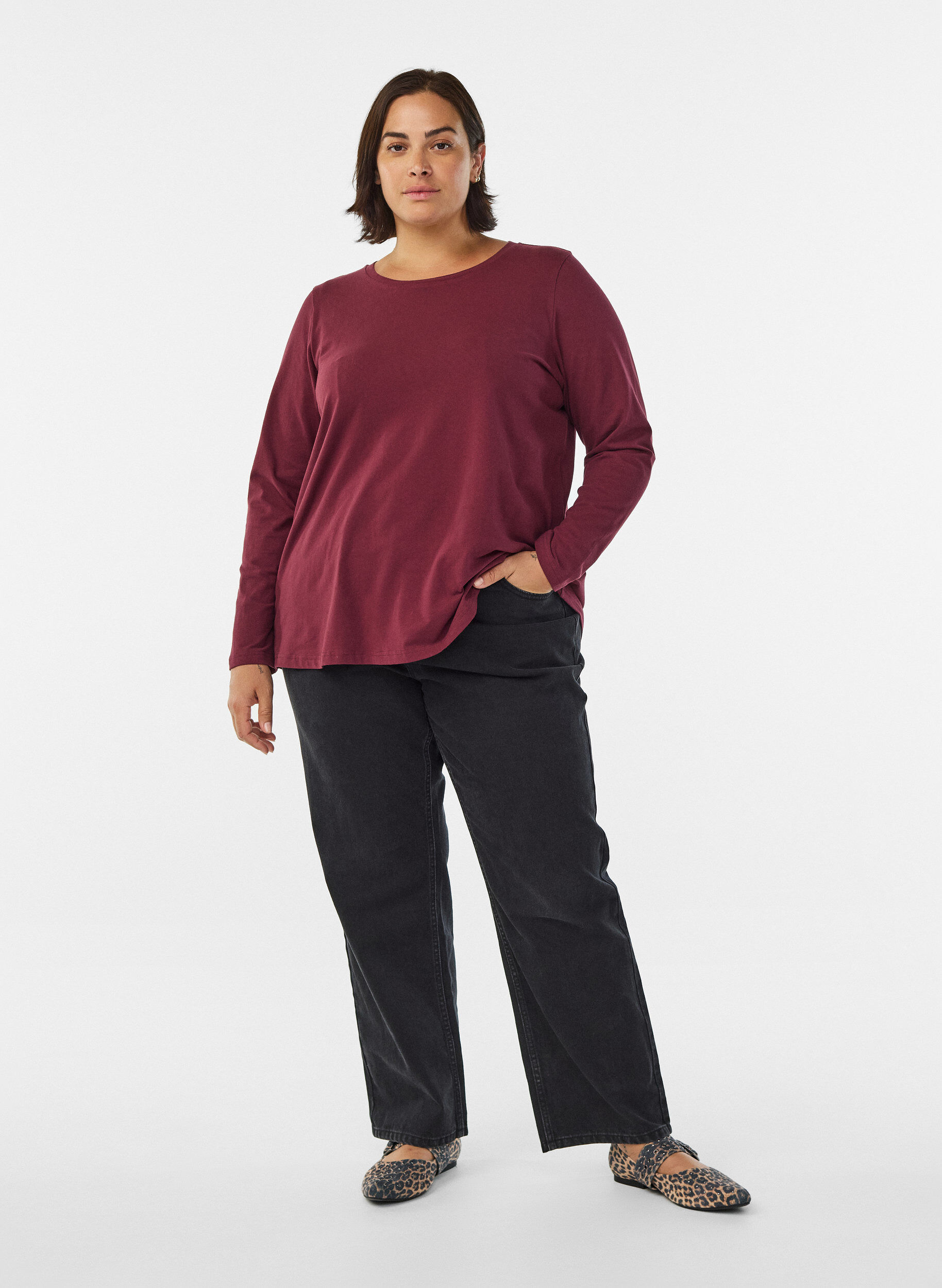 ZizziBlouse basique en jersey &agrave; manches longues, Bordeaux fonc&eacute;, Model image number 1