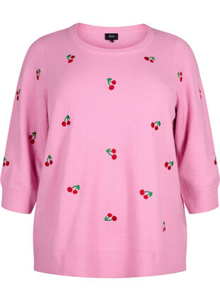 Chemisier en tricot à manches 3/4 avec cerise, B.Pink/Wh.Mel/Cherry, Packshot image number 0