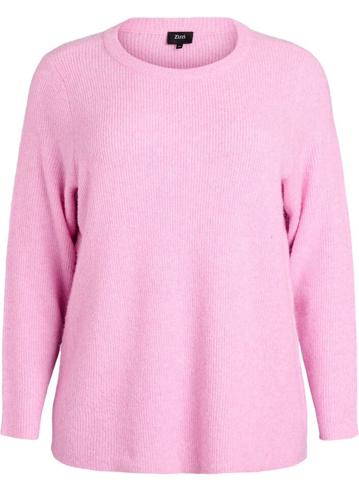 Gem&ecirc;leerde gebreide blouse met ronde hals, Roze, Packshot image number 0