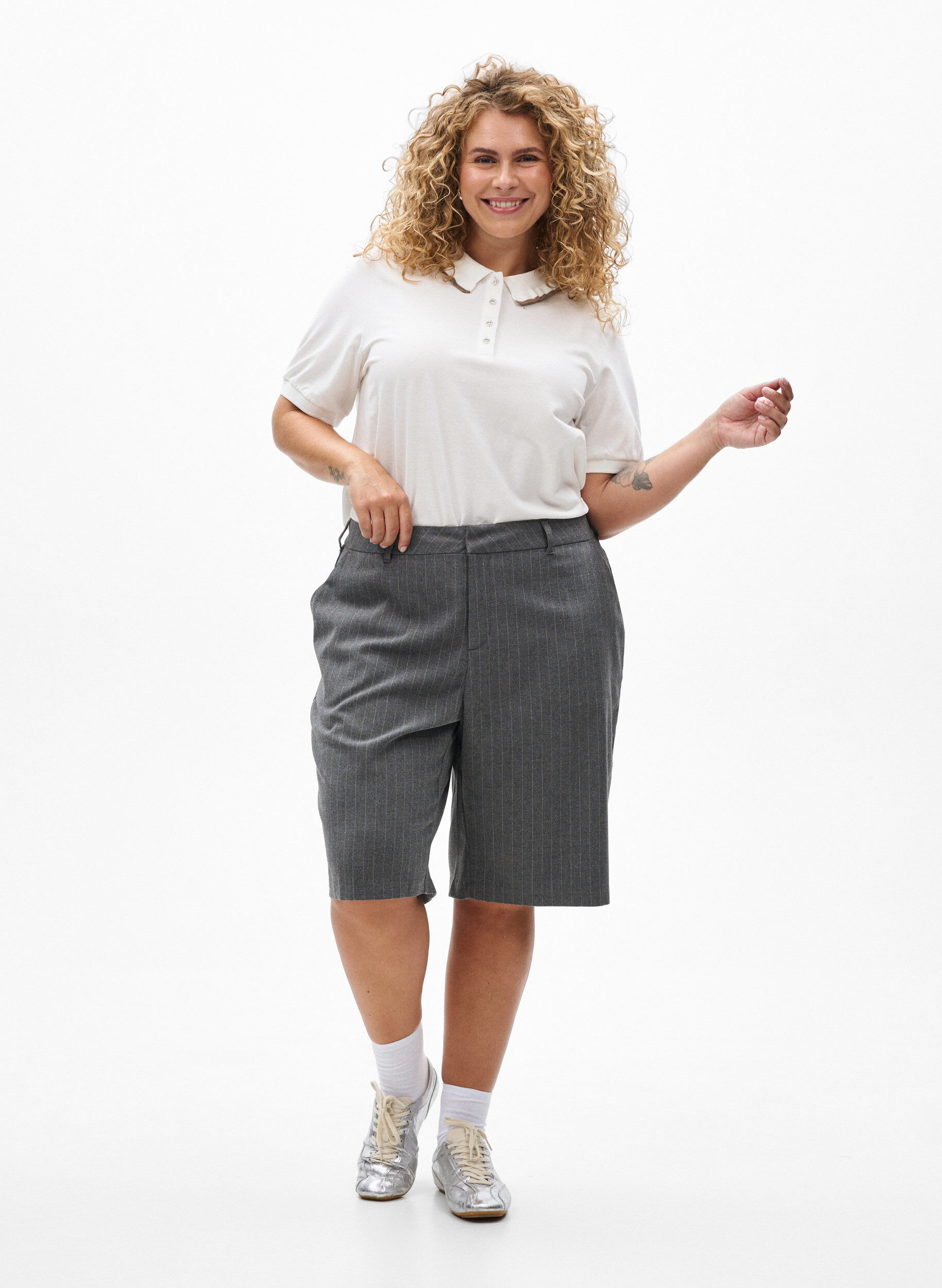 ZizziPolo shirt met strass knopen en ruches., Vanille, Model image number 1