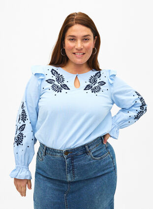Katoenen blouse met borduursel en ruches, Ch. Blue w. Navy, Model image number 0