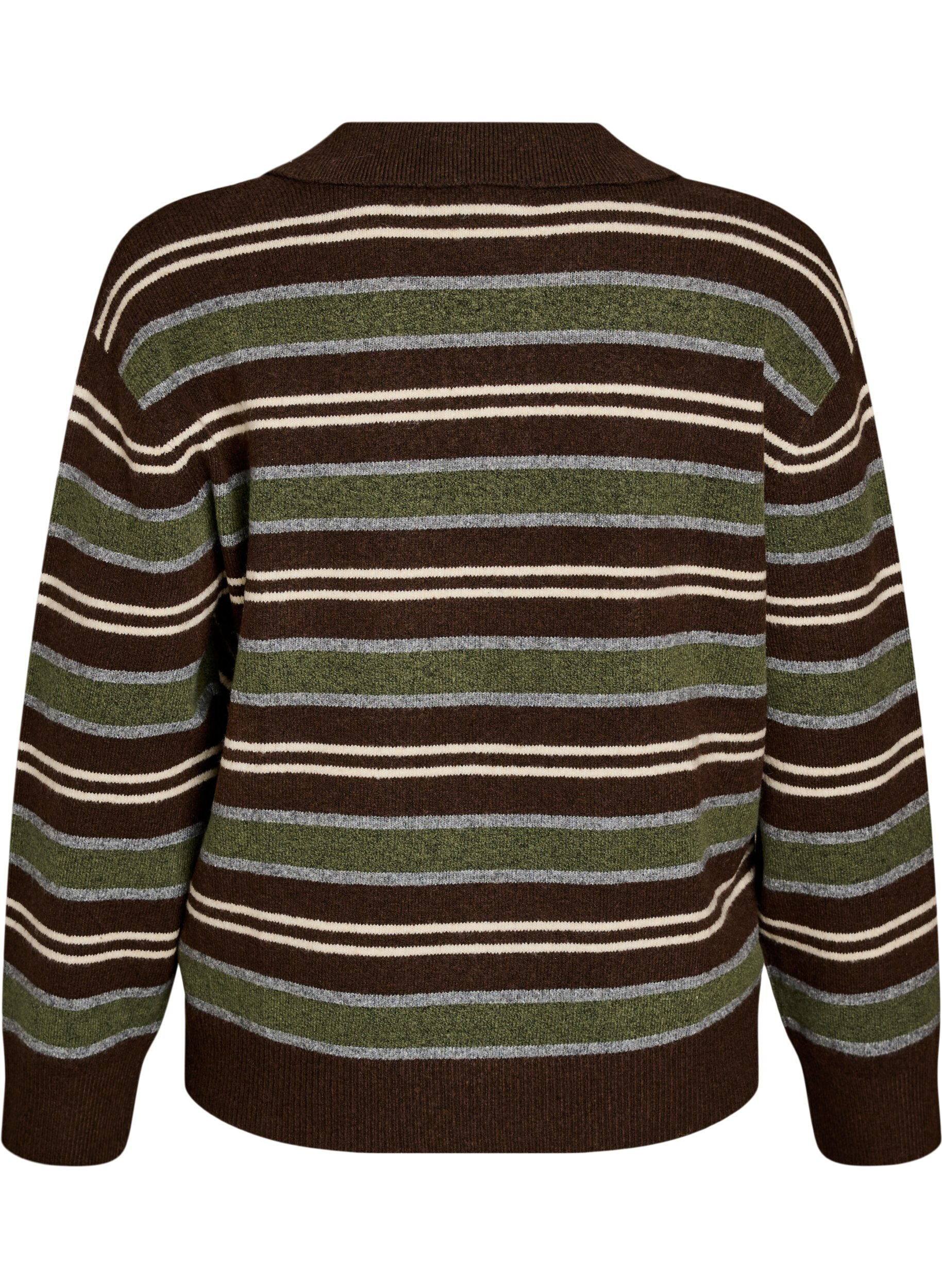 ZizziGebreide blouse met strepen en polokraag, Bruin, Packshot image number 1