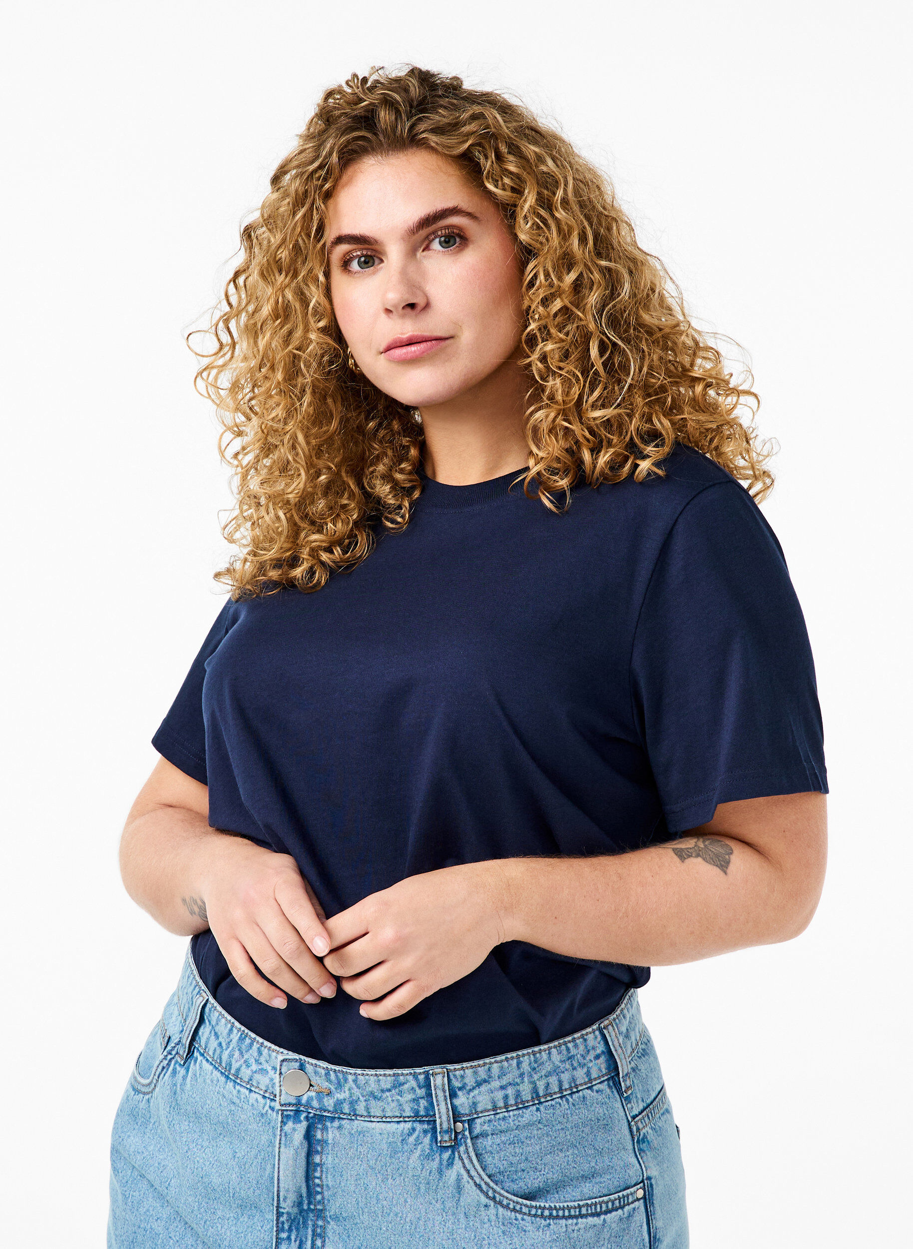 ZizziBasic katoenen T-shirt met ronde hals, Blauw, Model image number 0