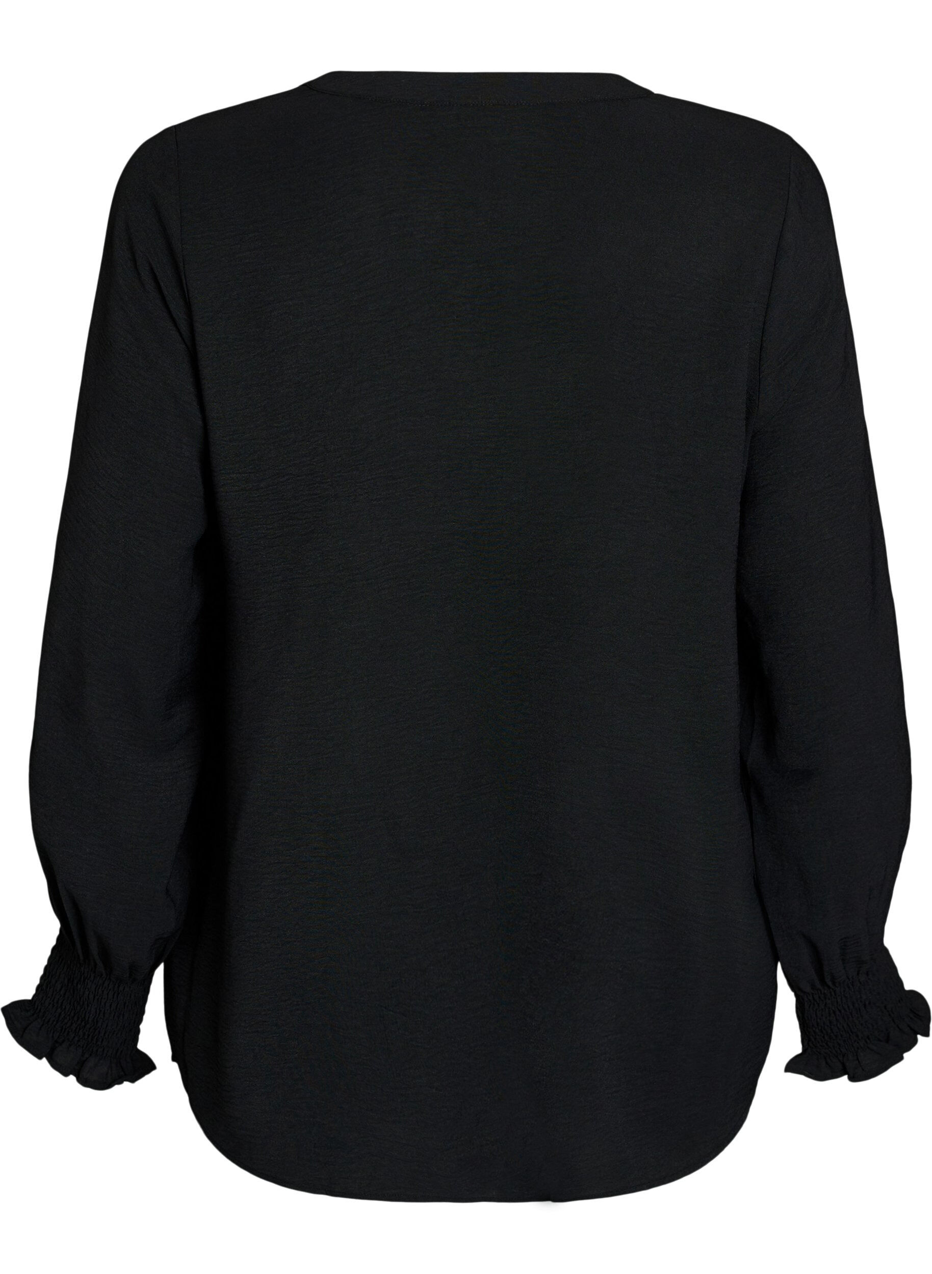 ZizziBlouse met smockmanchetten en V-hals, Zwart, Packshot image number 1