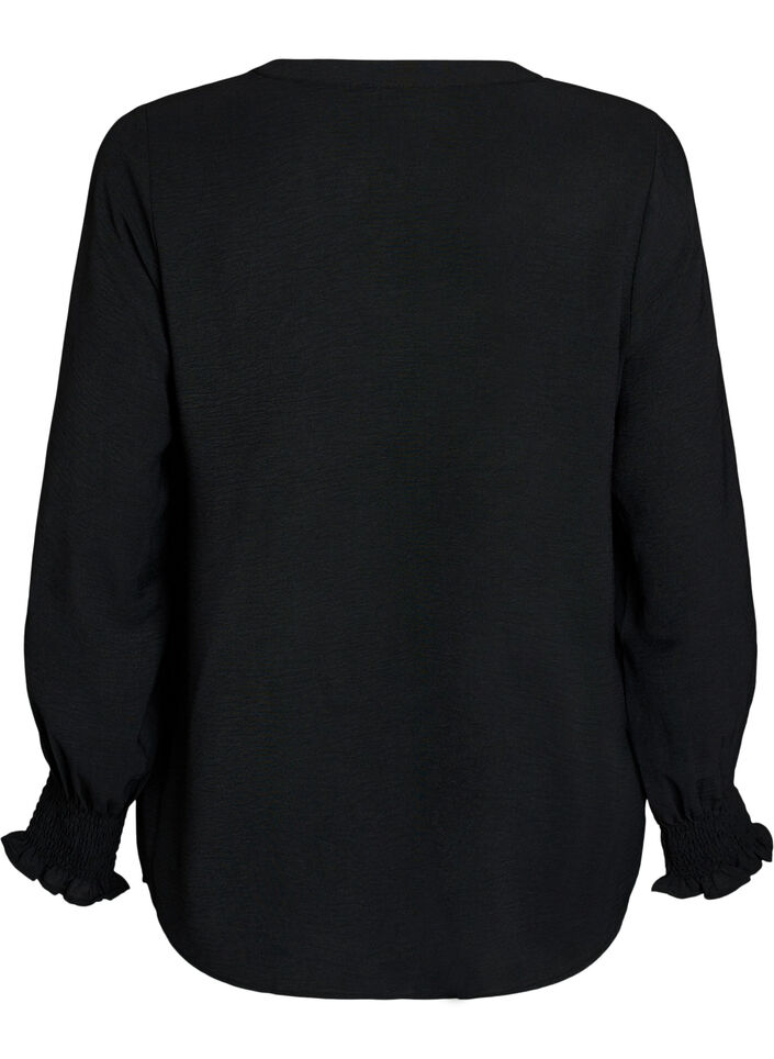 Blouse met smockmanchetten en V-hals, Zwart, Packshot image number 1