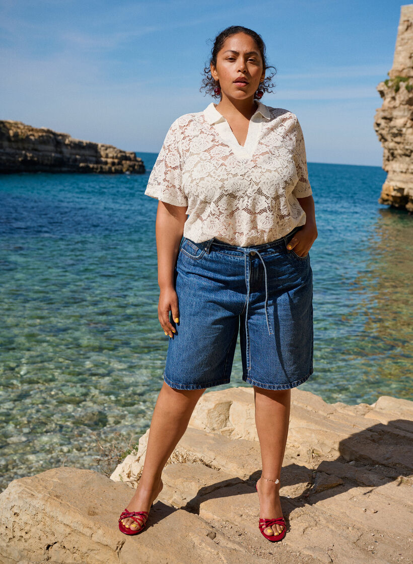 Strakke pasvorm denim shorts met strikriem, Blauw, Image image number 0