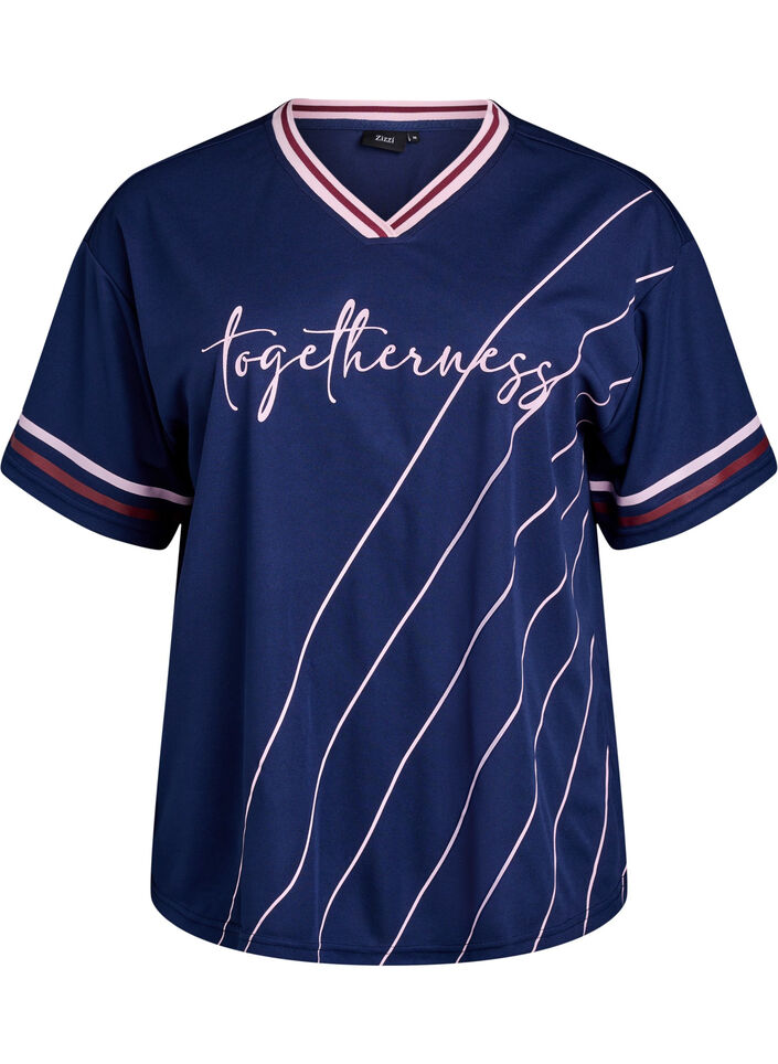 T-shirt sportif avec des rayures et un motif avec du texte, Bleu, Packshot image number 0