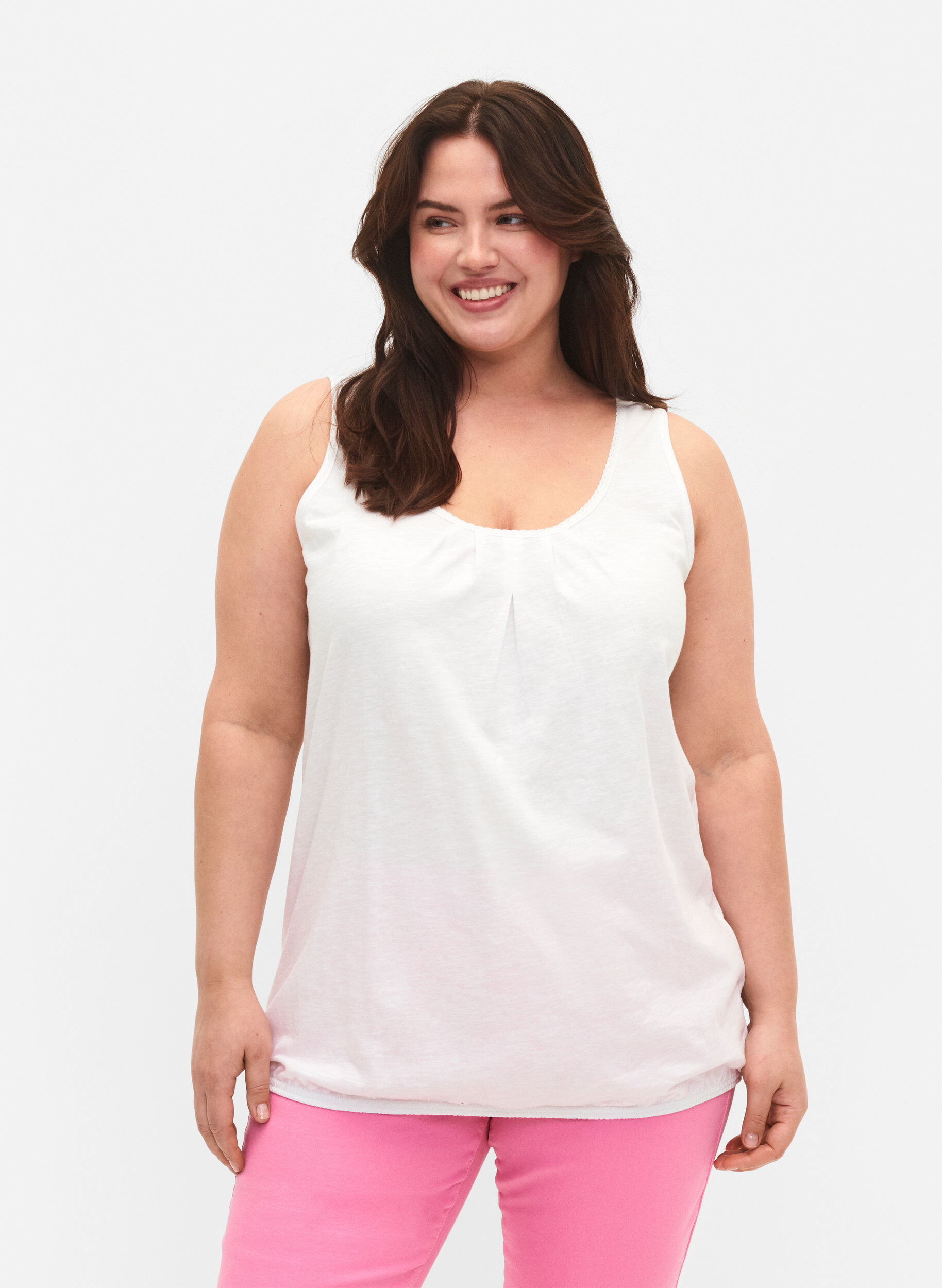 Zizzi Top en coton avec bordure en dentelle, Bright White, Model image number 0