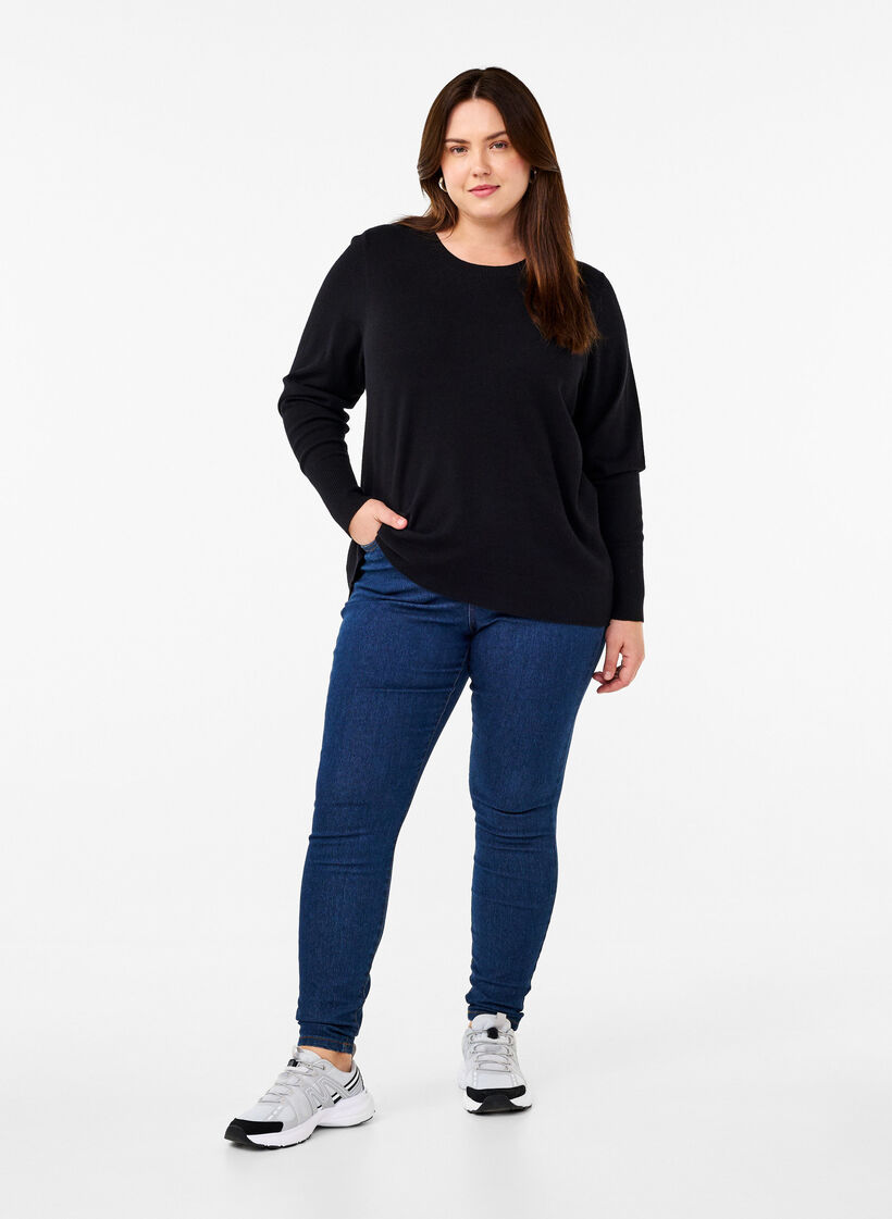 Gebreide blouse met ronde hals, Zwart, Model image number 1